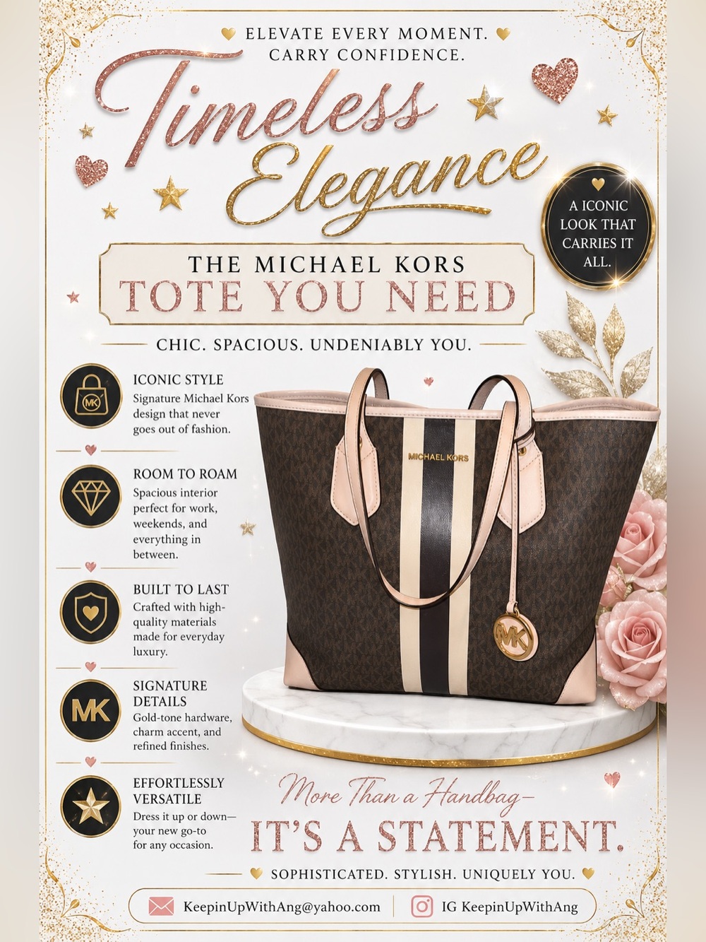 Michael Kors Brown Tote with Pink Trim and Cream Stripes